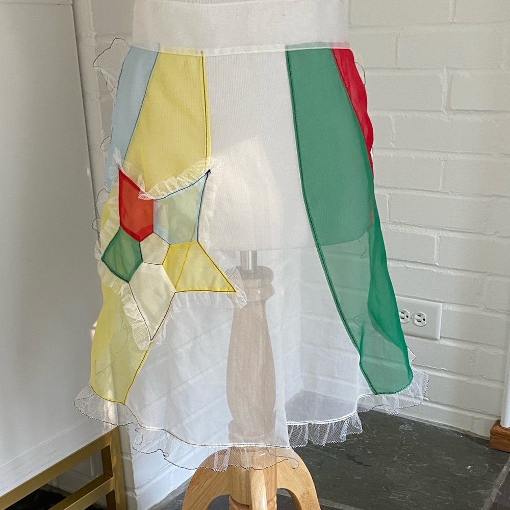 Classic Vintage Old-Style Sheer Colorful Patchwork Holiday Apron With Waist Tie
